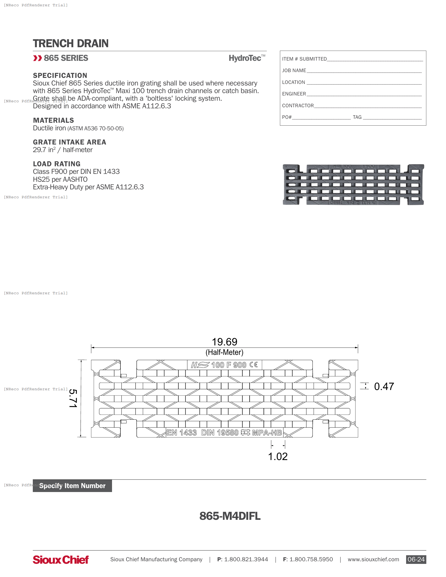 865-M4DIFL - HYDROTEC MAXI 100 GRATE CLASS F900 - SPEC SHEET.PDF Specification Document